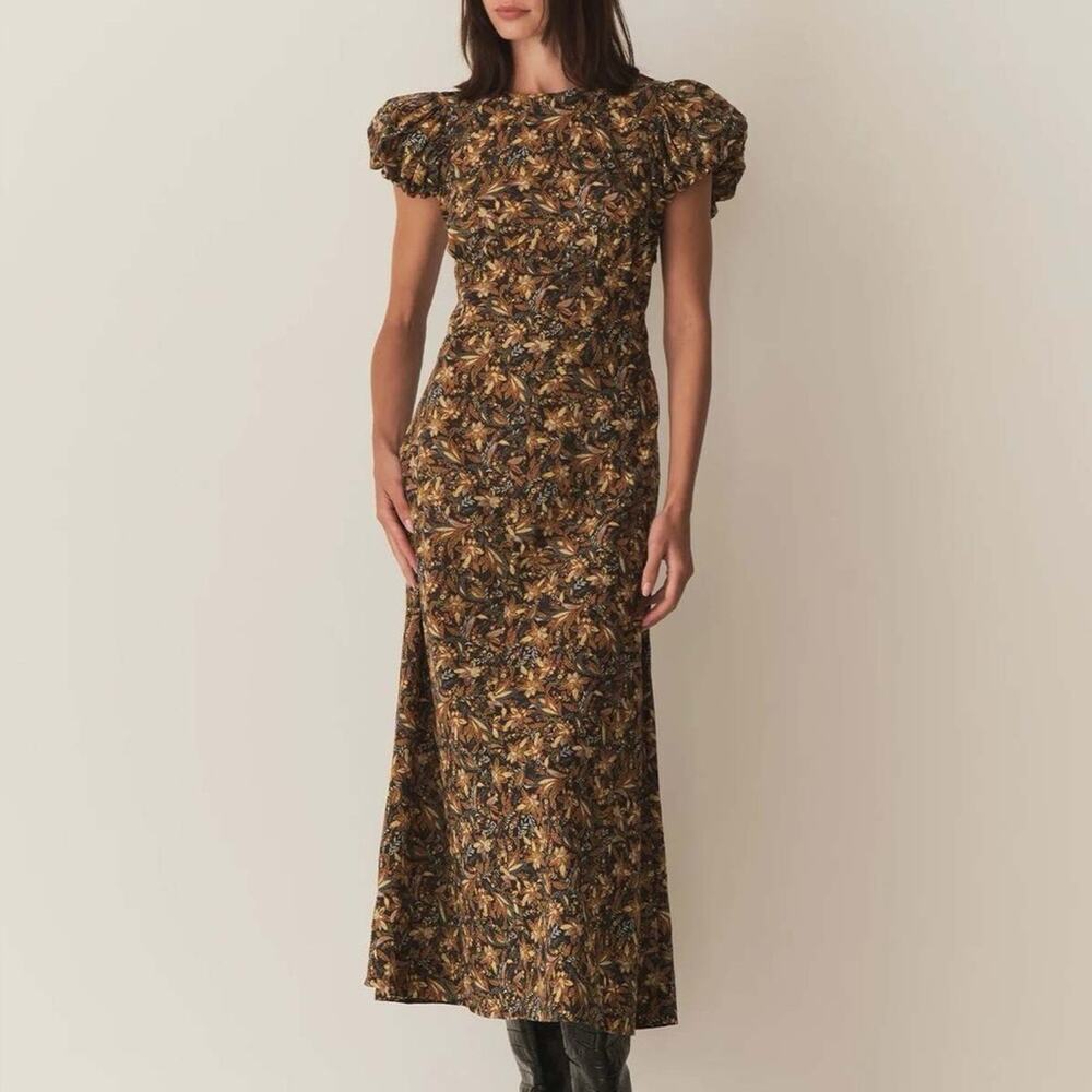 NWT Doen Rhodia Cotton Short Puff Sleeve Maxi Dress Noir Narcissus Floral